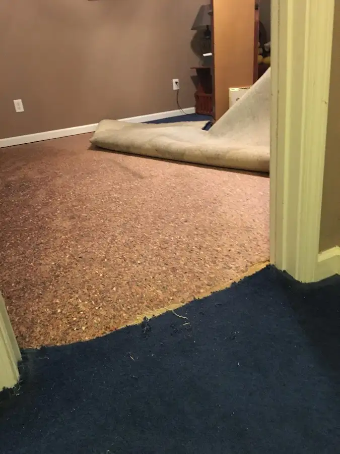 Carpet pad removal revealing water damage during Water Mitigation Services in Ellwood City